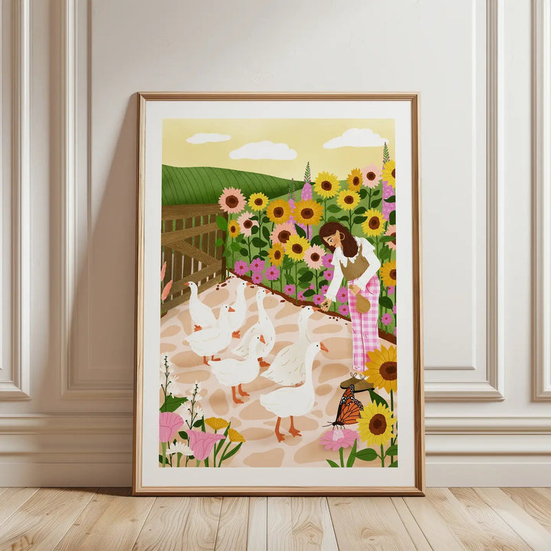Laudeen | Muchable | A4 poster illustration art print - girl feeding geese goose