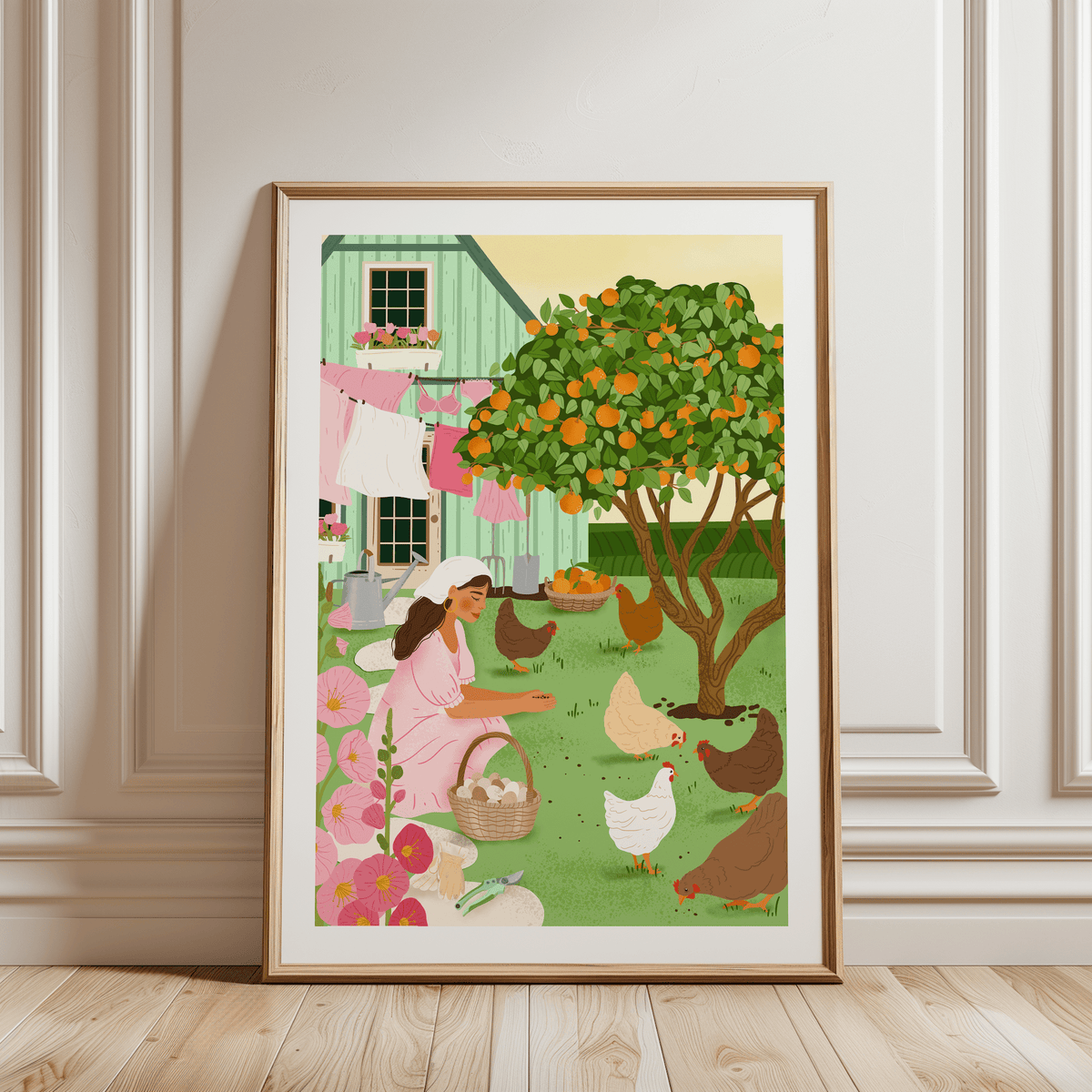 Laudeen | Muchable | A4 poster illustration art print - girl gardening chickens