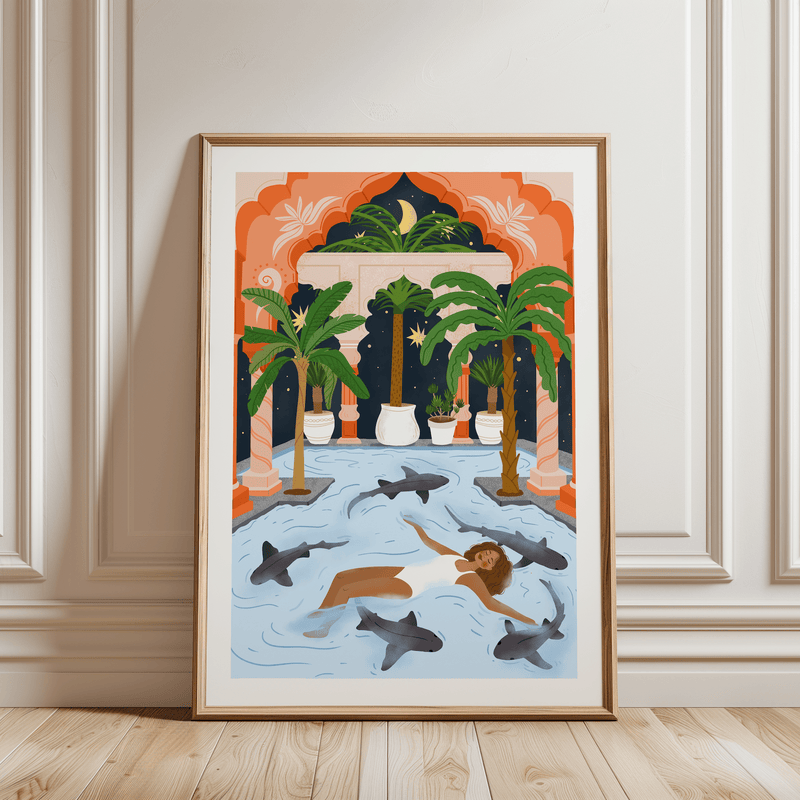 Laudeen | Muchable | A4 poster illustration art print - girl swimming reef sharks