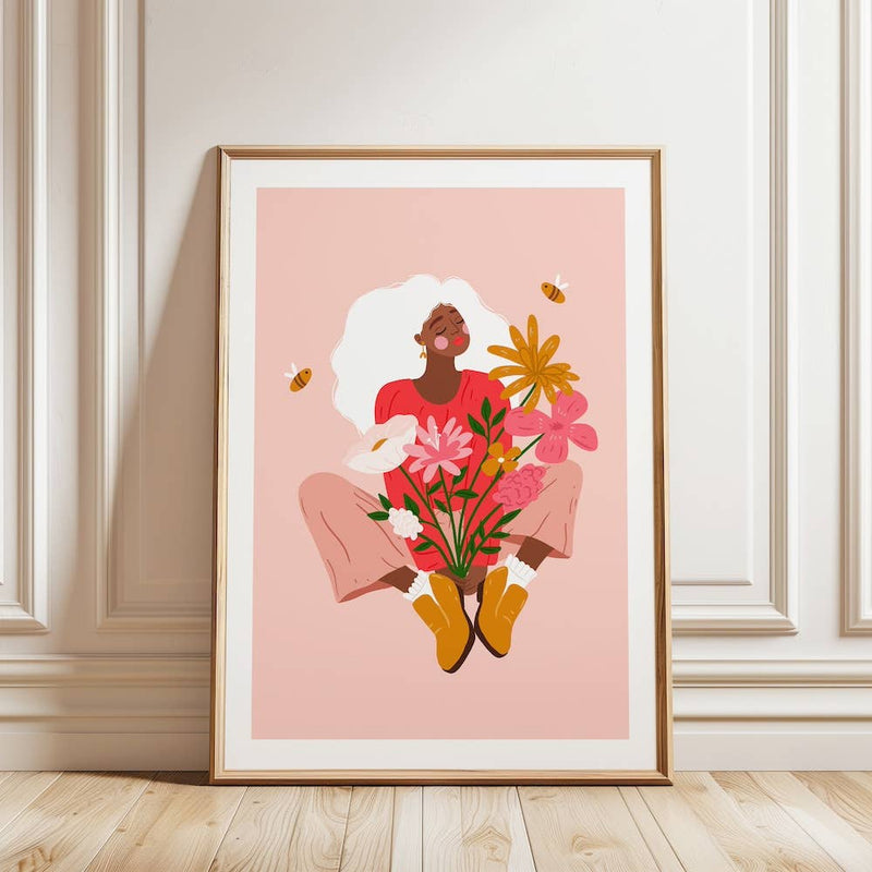 Laudeen | Muchable | A4 poster illustration art print - sitting girl with flowers